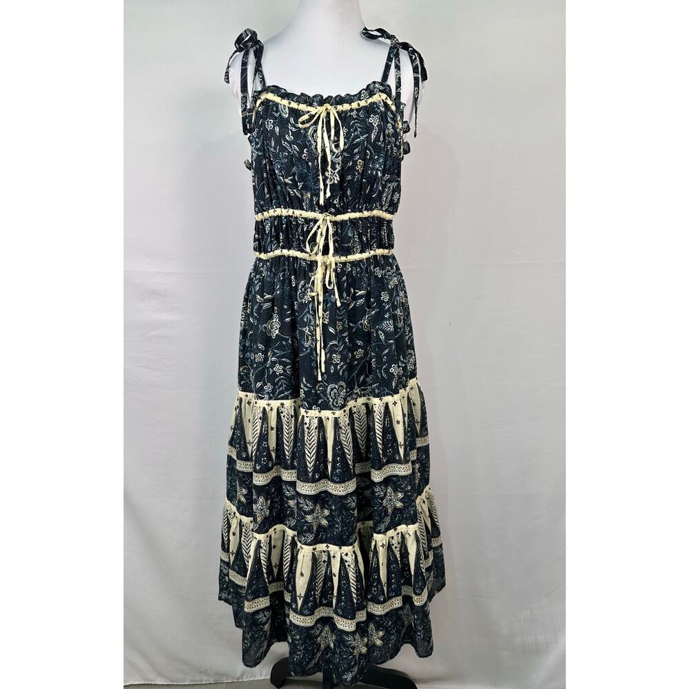 NWT Christian Lacroix Dark Blue Floral Cream Trim Midi Dress Size L - Picture 2 of 12